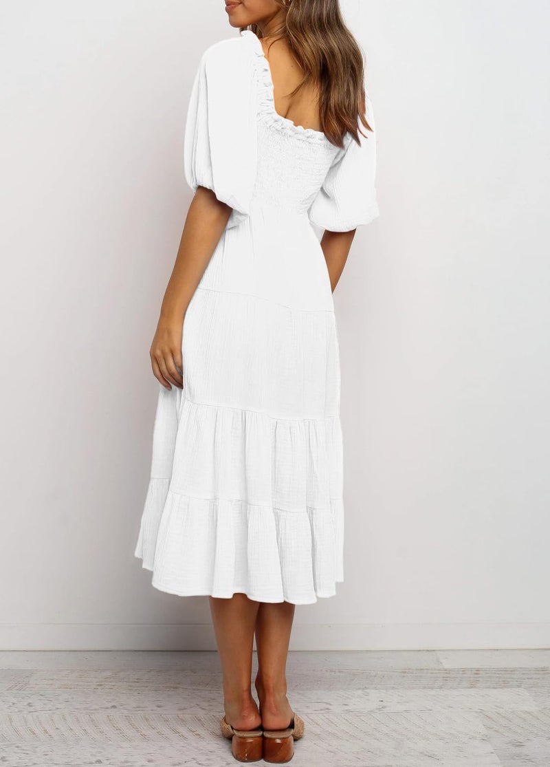 R.Vivimos Women's Summer Cotton Lantern Sleeves Ruffled Off Shoulder A-Line Midi Dresses (Large, White) - Image 2